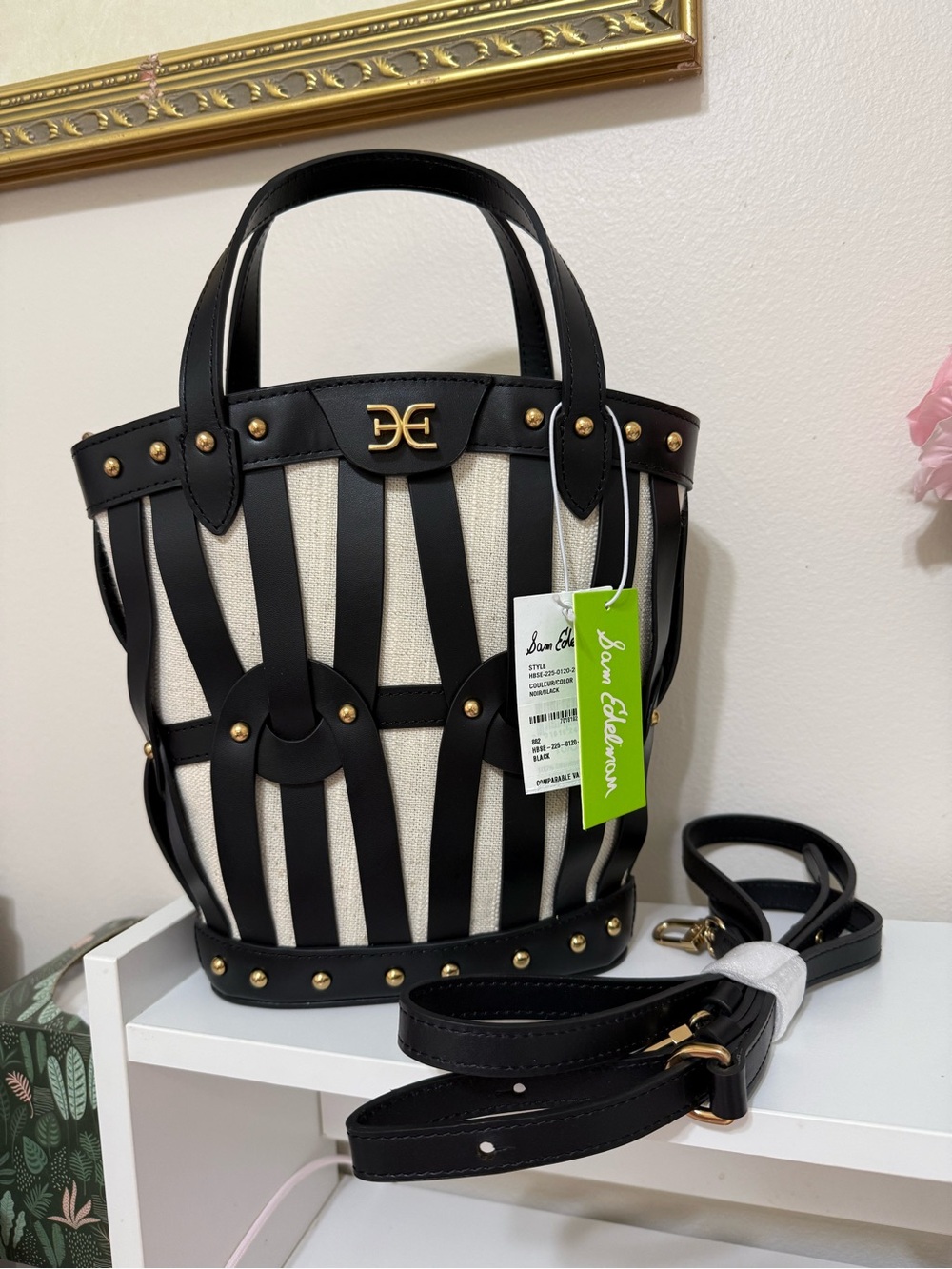 Sam Edelman Black and Cream Striped Leather-Trim Bucket Tote - Picture 1 of 12